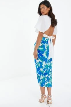 Blue Satin Tropical Print Ruched Midi Skirt -Outlet Clothyne Store 00100039128 XB