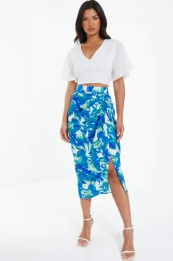 Blue Satin Tropical Print Ruched Midi Skirt -Outlet Clothyne Store 00100039128 XM