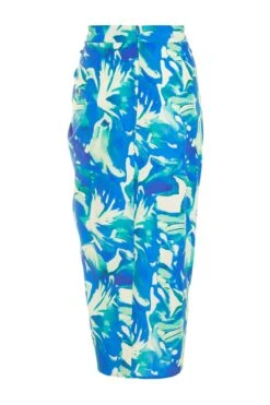 Blue Satin Tropical Print Ruched Midi Skirt -Outlet Clothyne Store 00100039128 ZB