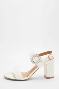 White Dimanate Buckle Block Heels