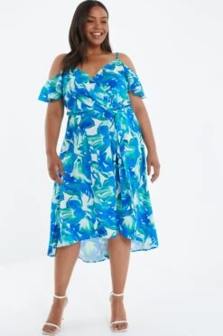 Curve Blue Tropical Print Midi Dress -Outlet Clothyne Store 00100039207 XM