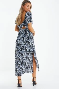 Black Floral Puff Sleeve Midi Dress -Outlet Clothyne Store 00100039342 XB