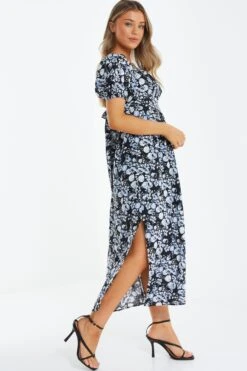 Black Floral Puff Sleeve Midi Dress -Outlet Clothyne Store 00100039342 XS