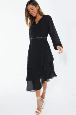 Black Long Sleeve Tiered Midi Dress -Outlet Clothyne Store 00100039359 XS