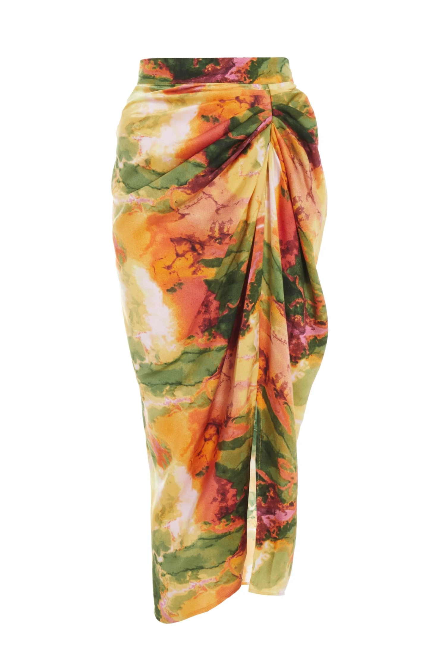 Multicoloured Satin Marble Print Ruched Midi Skirt 3 Multicoloured Satin Marble Print Ruched Midi Skirt