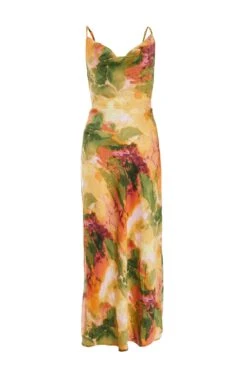 Multicoloured Satin Marble Print Midaxi Dress