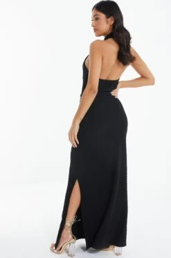 Petite Black Halterneck Textured Maxi Dress -Outlet Clothyne Store 00100039463 XB