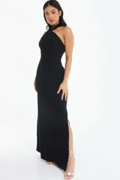 Petite Black Halterneck Textured Maxi Dress -Outlet Clothyne Store 00100039463 XS