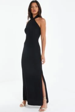 Black Halterneck Textured Maxi Dress -Outlet Clothyne Store 00100039495 XS
