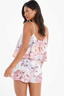 Pink Floral Satin Frill Playsuit 10 Pink Floral Satin Frill Playsuit -Outlet Clothyne Store 00100039503 XB