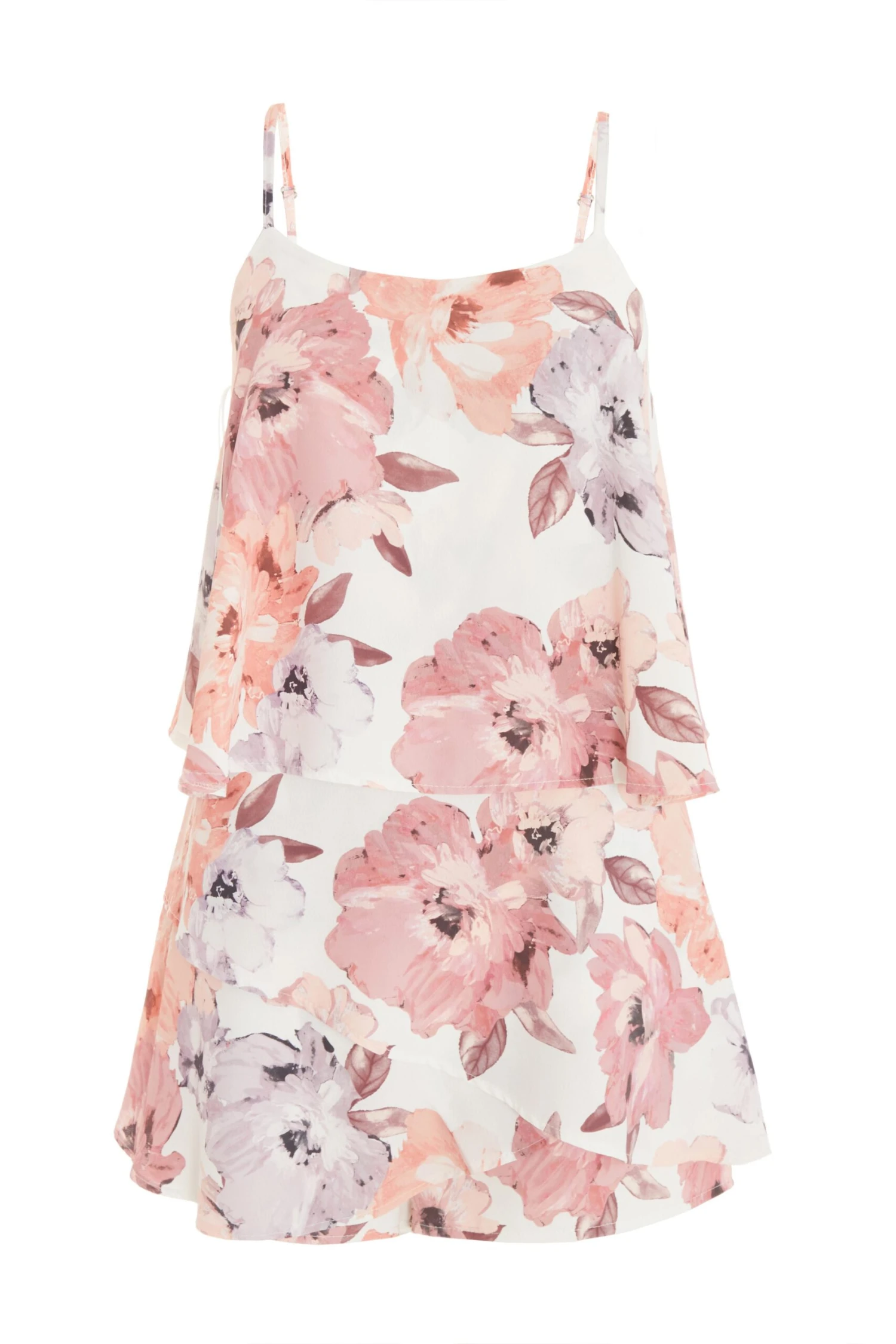 Pink Floral Satin Frill Playsuit 3 Pink Floral Satin Frill Playsuit