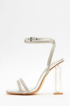 Wide Fit Silver Diamante Clear Heeled Sandals