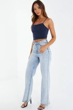 Navy Mesh Ruched Crop Top 11 Navy Mesh Ruched Crop Top -Outlet Clothyne Store 00100039813 XS